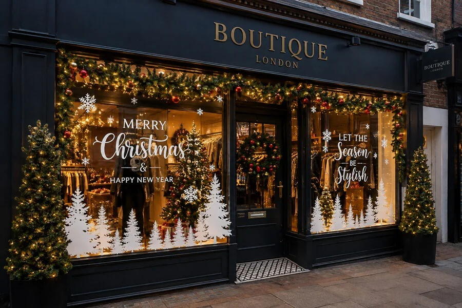 An image of a boutique's Christmas window graphics display.
